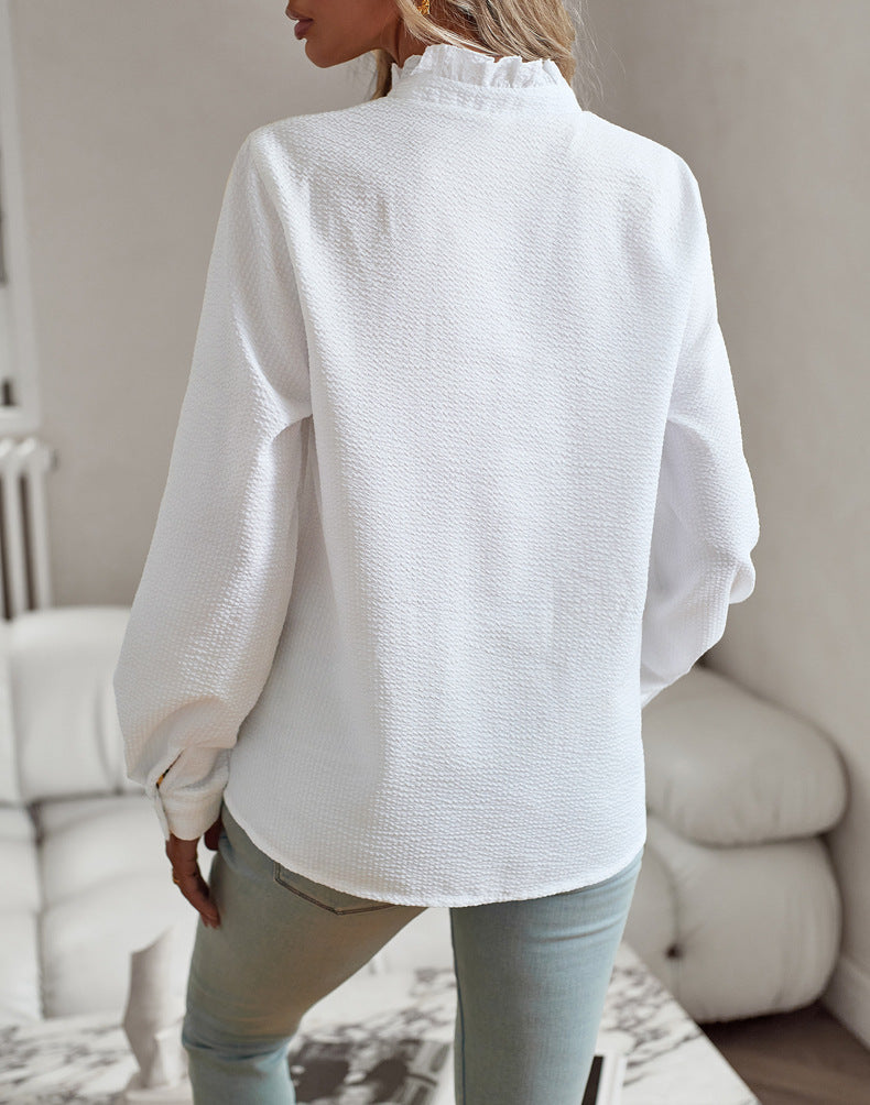 Striped Long Sleeve Shirt Fashion Ruffle Design Button Up Tops Casual Office Blouse Elegant Commuting Women's Clothing by null