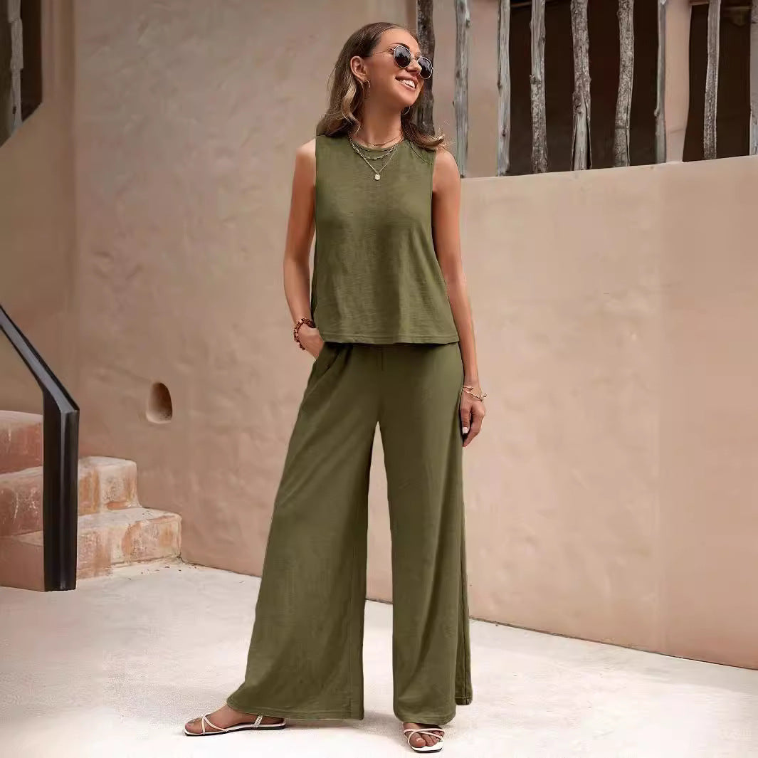 Solid Color Casual Loose Pants Sets For Women Elegant Spring Summer Women's Two Pieces Suit Full Trouser Set Female Outfit Clothes by null