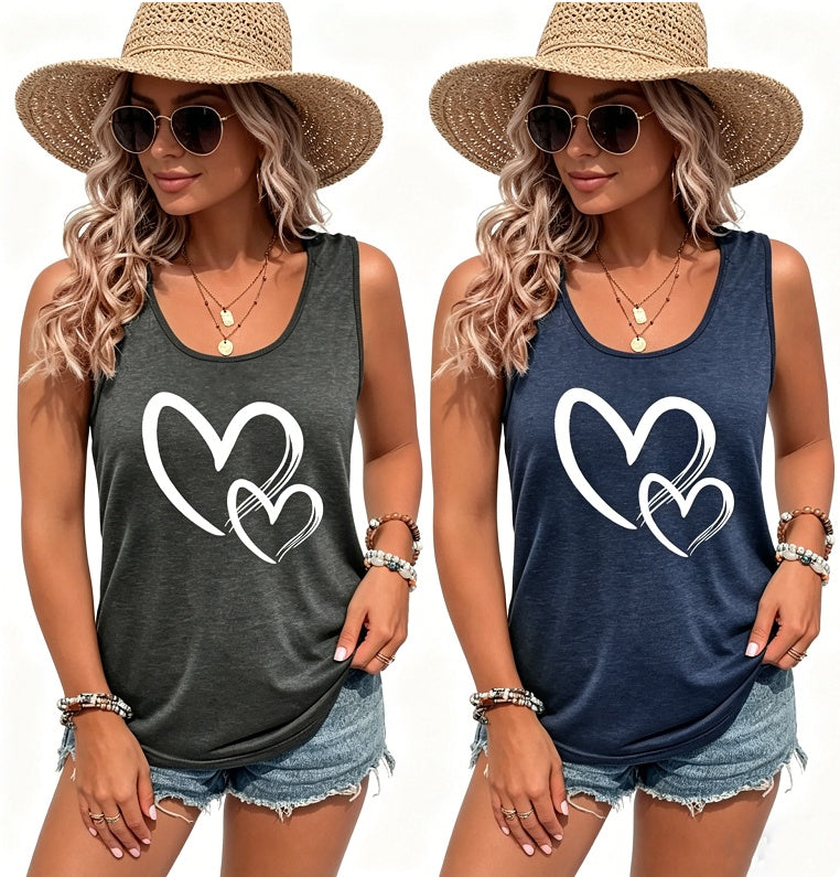 Buy Hearts Print Crew Neck Tank Top, Casual Sleeveless Tank Top For Summer, Women's Clothing online at DLC Market