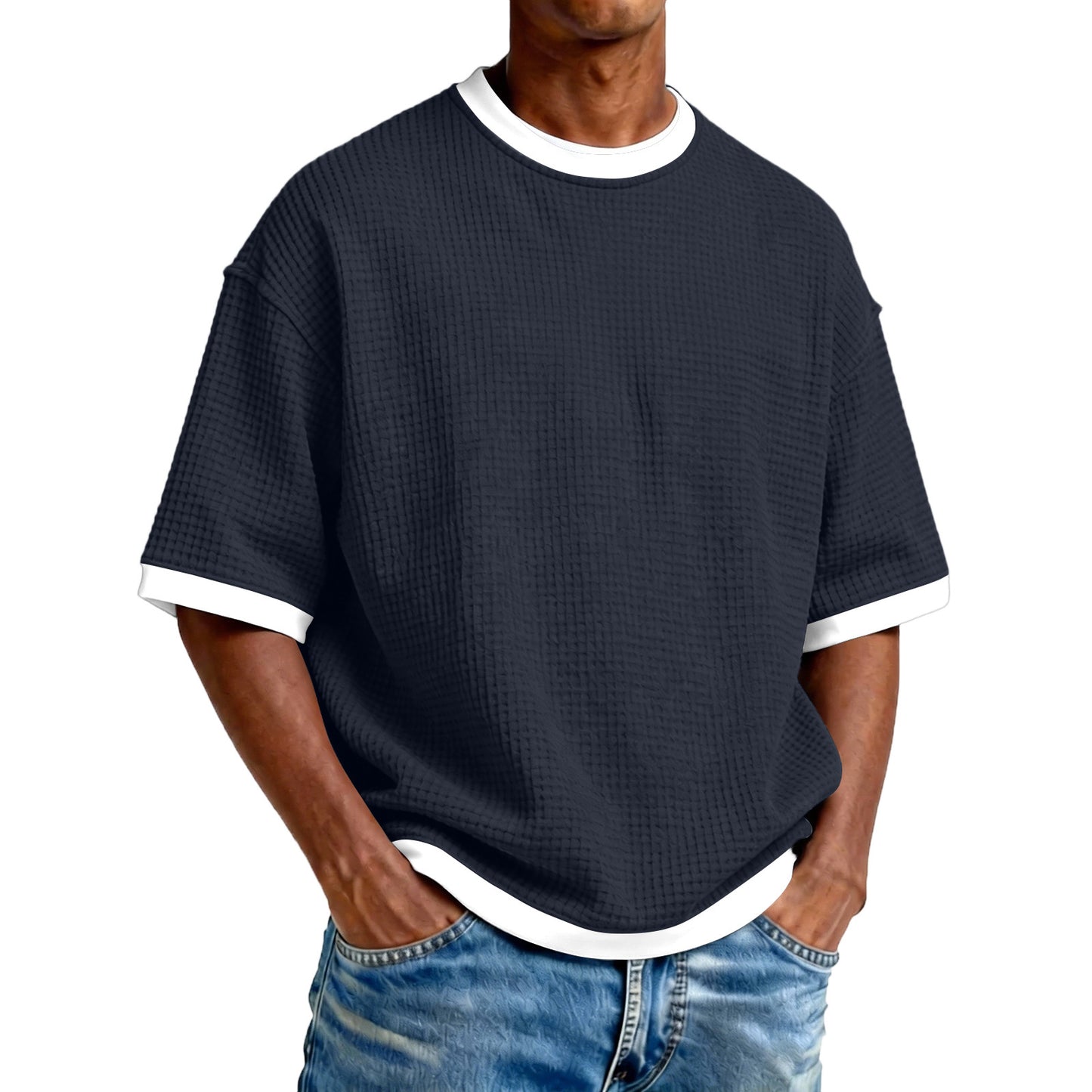 Men's Crew Neck Contrast Color Casual T-Shirt - Cotton Blend Lightweight Short Sleeve Top For Daily Wear by null