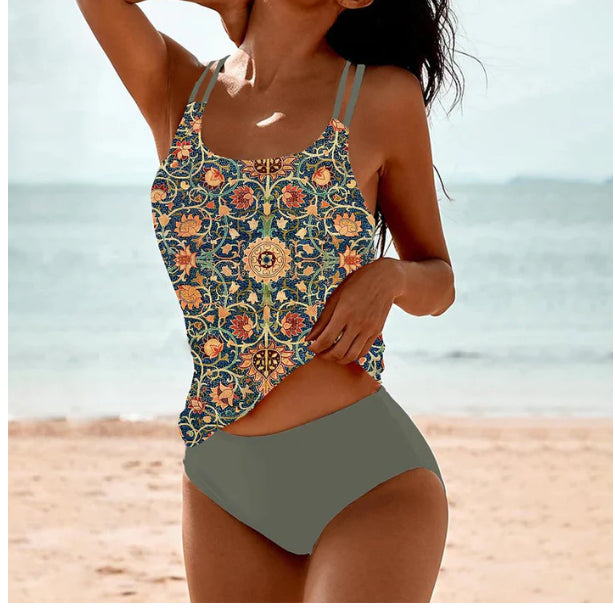 Vintage Printed Split High Waist Conservative Swimwear by null