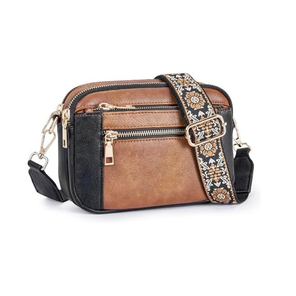 Buy Triple-zipper Shoulder Bag With Floral Embroidered Straps Fashion Colorblock Multi-functional Crossbody Bags For Women online at DLC Market