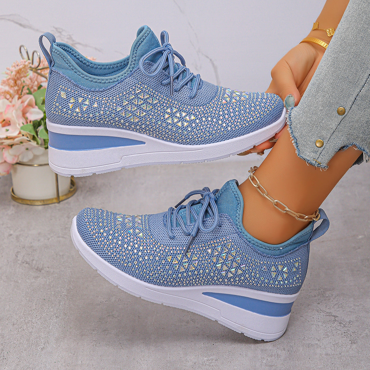 Buy Ins Rhinestone Sneakers Fashion Lace Up Wedges Casual Shoes Women's Daily Commuting Sports Shoes online at DLC Market