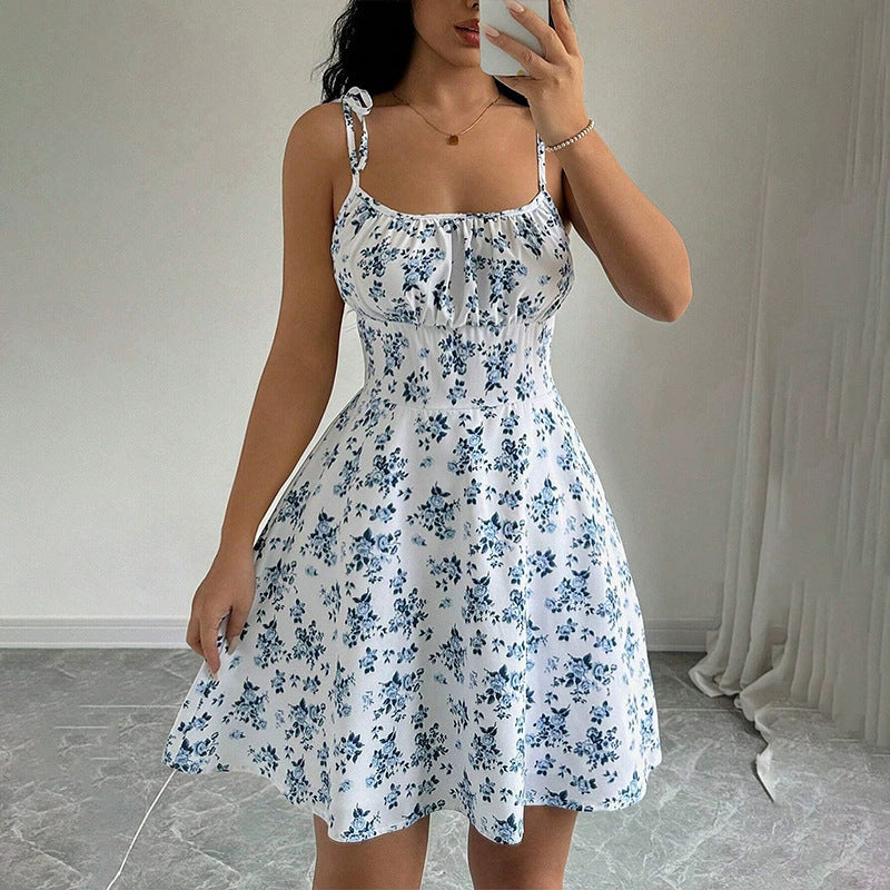 Floral Print A Line Dress For Women Mid Waist Short Skirt Summer Casual Slimming Fashion by null