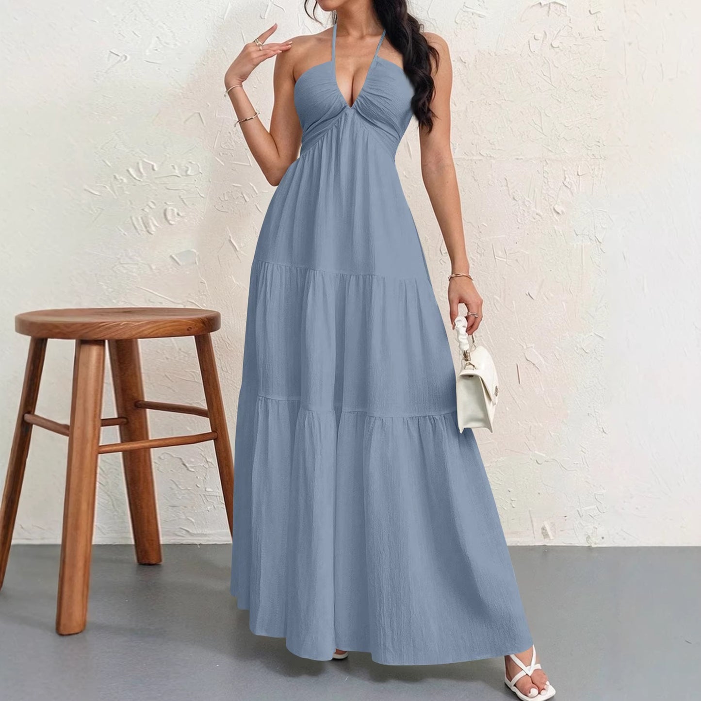 Backless Halterneck V-Neck Pleated A- Line Dress Women's Clothing One-Piece Dress Ankle-length Skirt For Beach Vacation Outfits by null