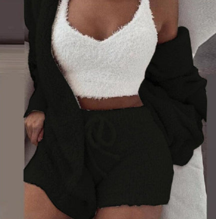 3pcs Womens Clothing Long Sleeve Crop Tank Top And Drawstring Shorts Pajama Set by null