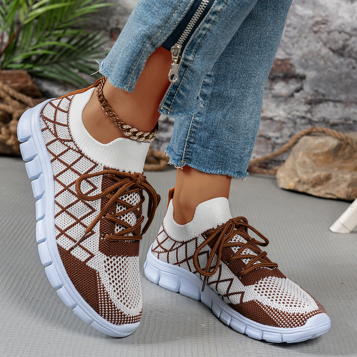 Buy Colorblock Plaid Lace-Up Flyknit Sneakers Ins Mesh Casual Shoes Fashion Breathable Walking Running Sports Shoes For Women online at DLC Market