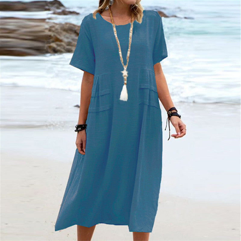 Buy Women's Summer Loose Casual Midi Dress Breathable Cotton Linen Short-sleeve Mid-length Dresses Women Simple Beach Dress online at DLC Market