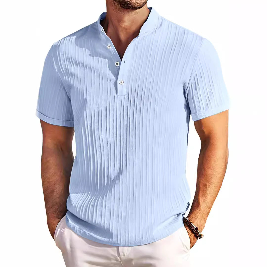 Summer Stand Collar Buttons Short Sleeve T-shirt Solid Color Stripe POLO Shirt Fashion Casual Beach Clothing For Men by null