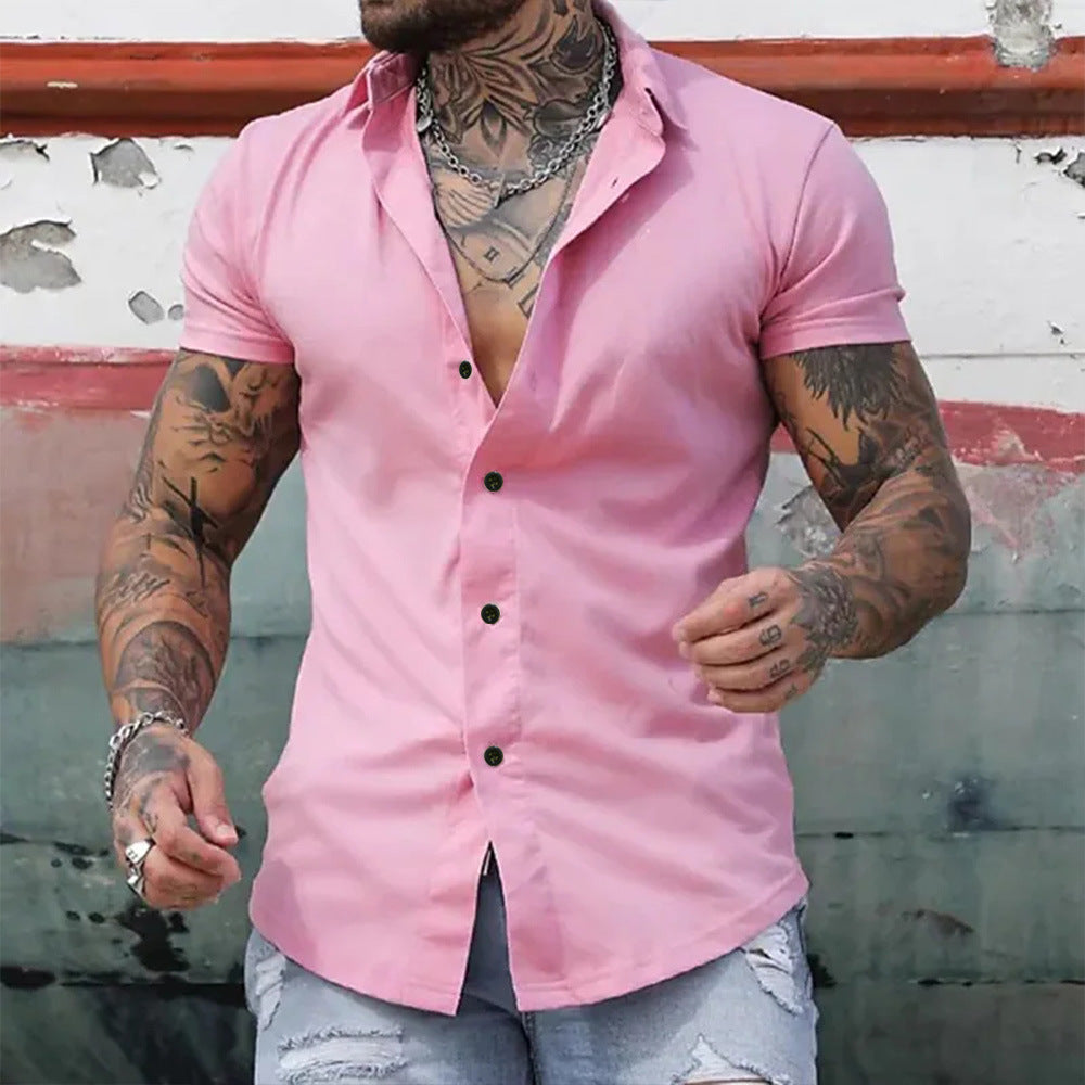 Slim Fit Short Sleeve Shirt Summer Men's Solid Color Casual Tops by null