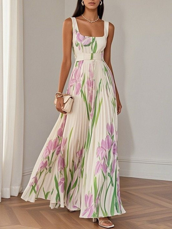 Floral Print Pleated Dress Summer A-Line Sleeveless Midi Dresses Women's Clothing by null