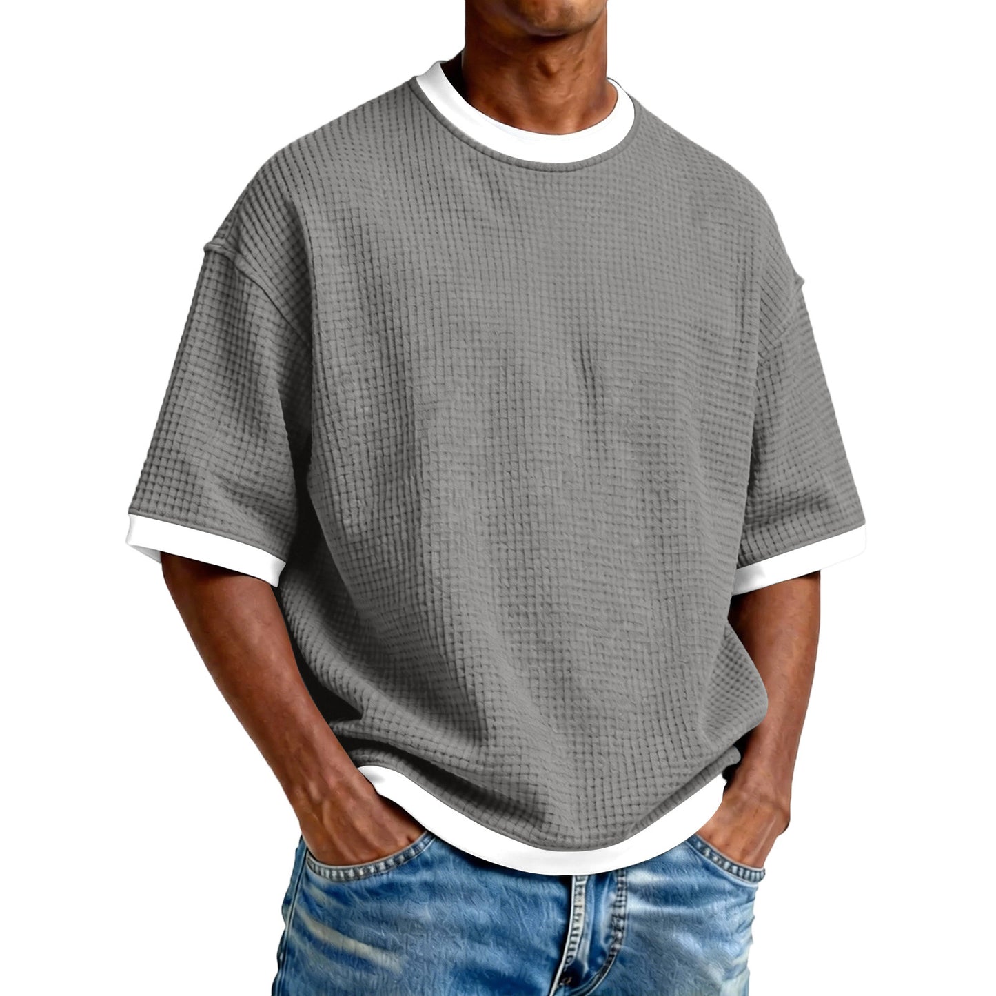 Men's Crew Neck Contrast Color Casual T-Shirt - Cotton Blend Lightweight Short Sleeve Top For Daily Wear by null