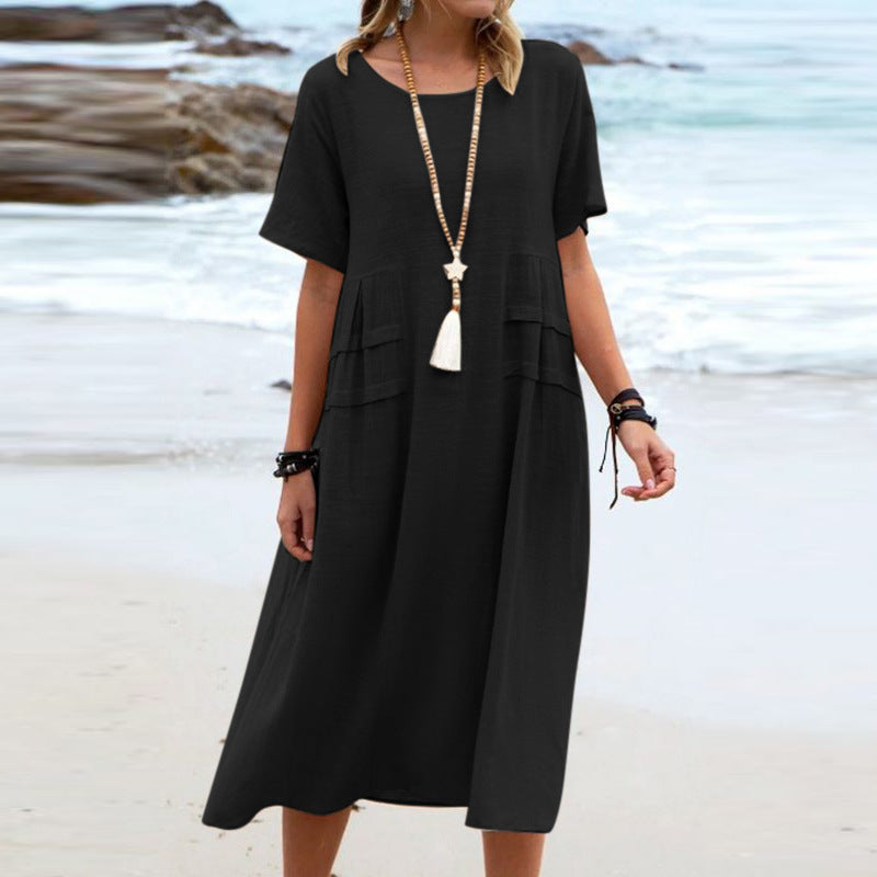 Buy Women's Summer Loose Casual Midi Dress Breathable Cotton Linen Short-sleeve Mid-length Dresses Women Simple Beach Dress online at DLC Market