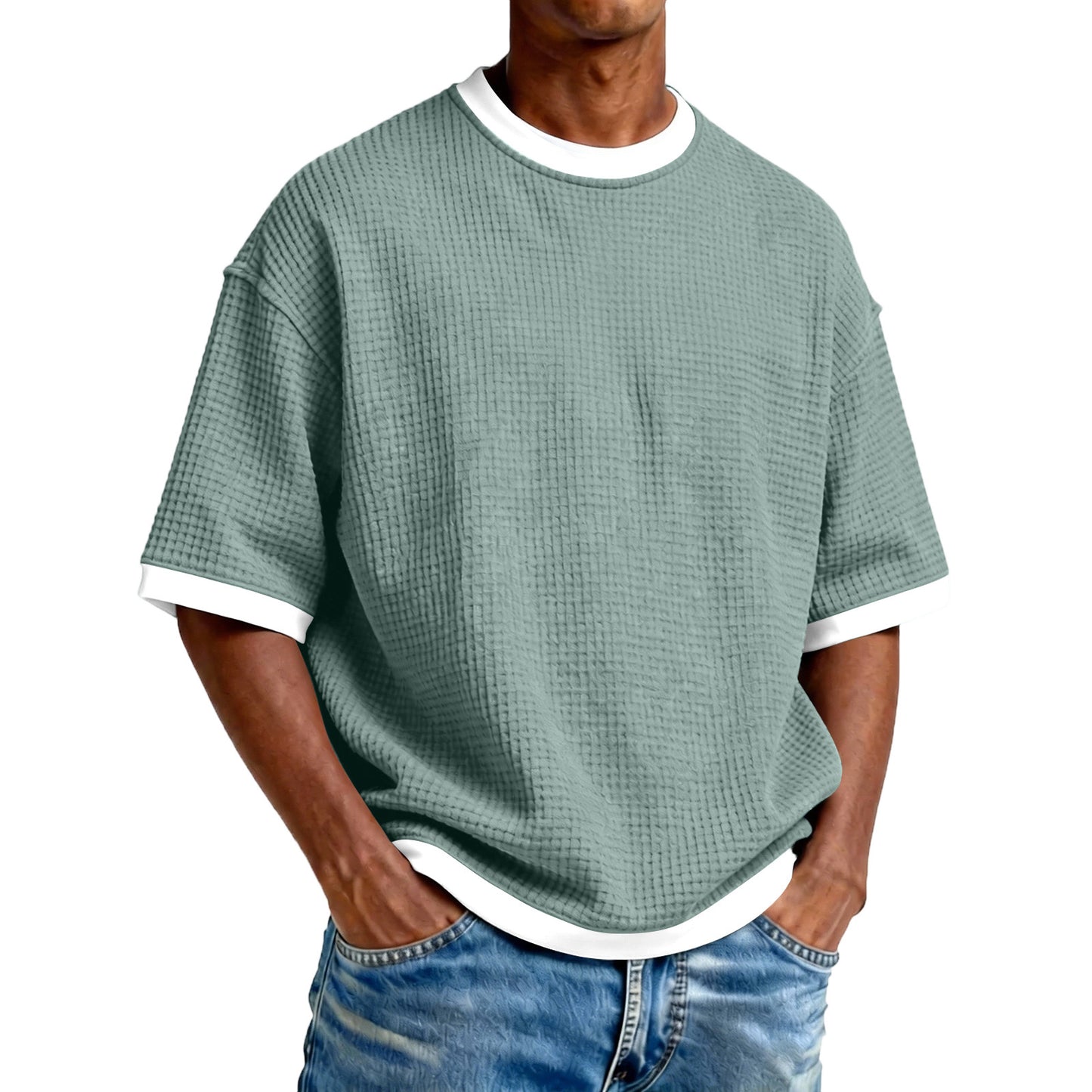 Men's Crew Neck Contrast Color Casual T-Shirt - Cotton Blend Lightweight Short Sleeve Top For Daily Wear by null