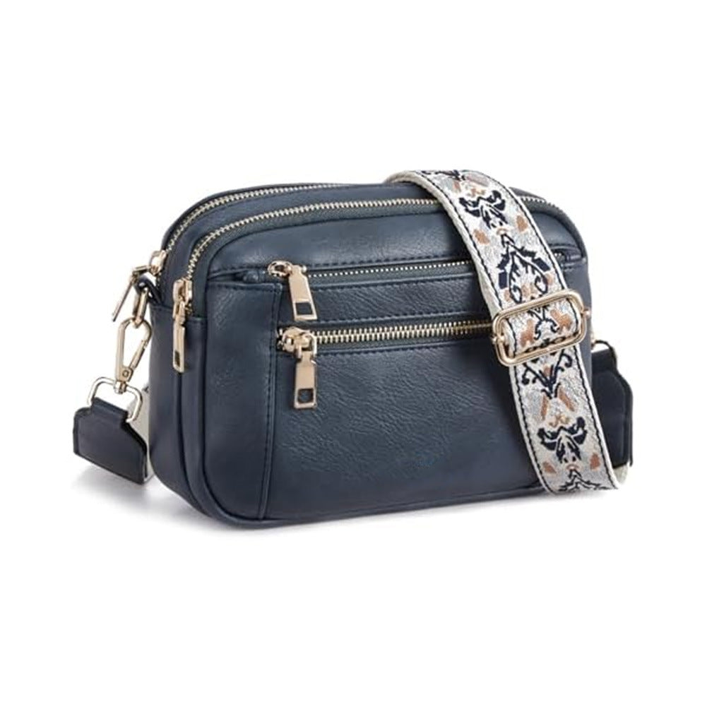 Buy Triple-zipper Shoulder Bag With Floral Embroidered Straps Fashion Colorblock Multi-functional Crossbody Bags For Women online at DLC Market
