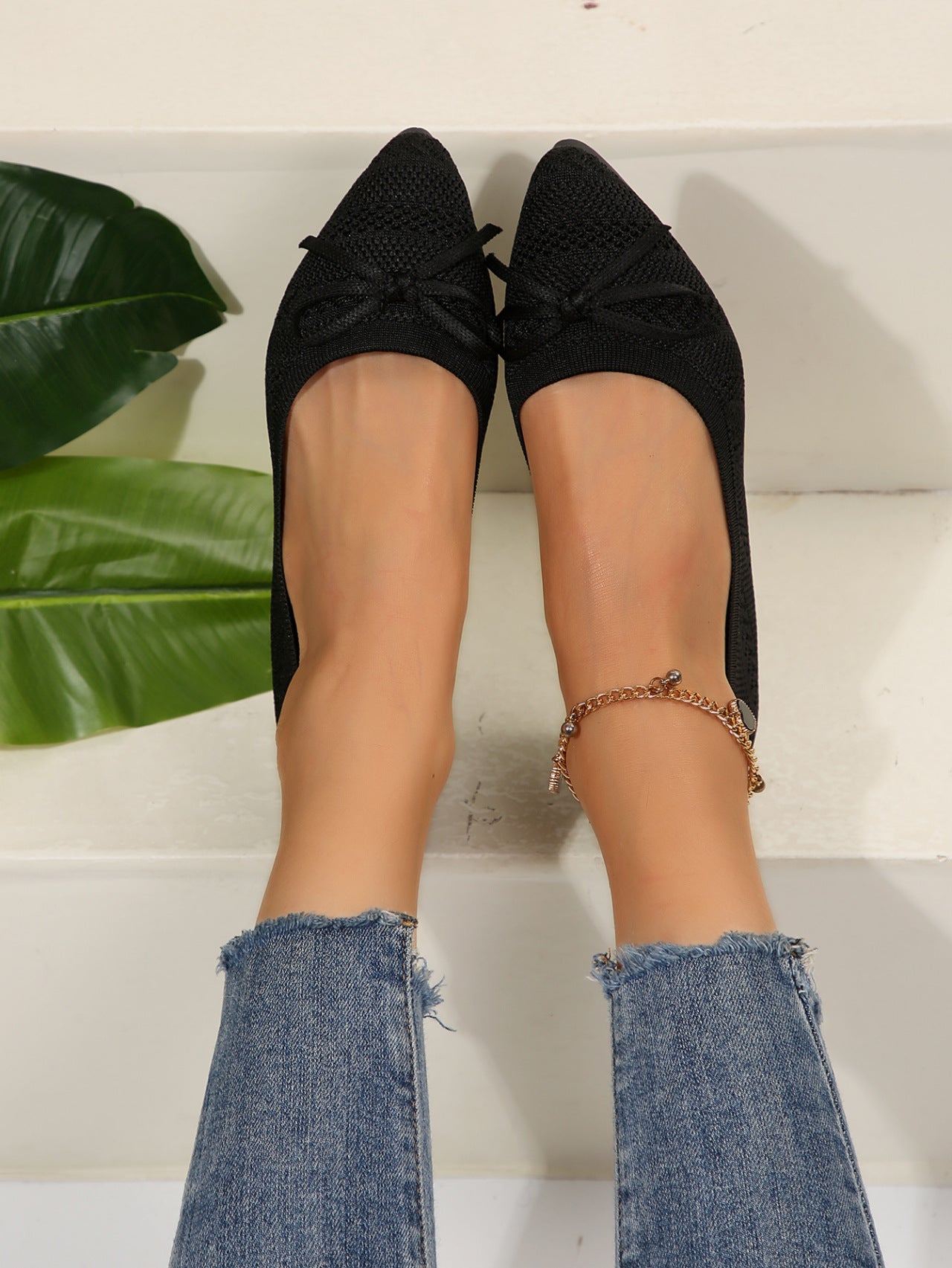 Buy Bow Knitted Loafers Ins Fashion Pointed-toed Flats Shoes For Women online at DLC Market