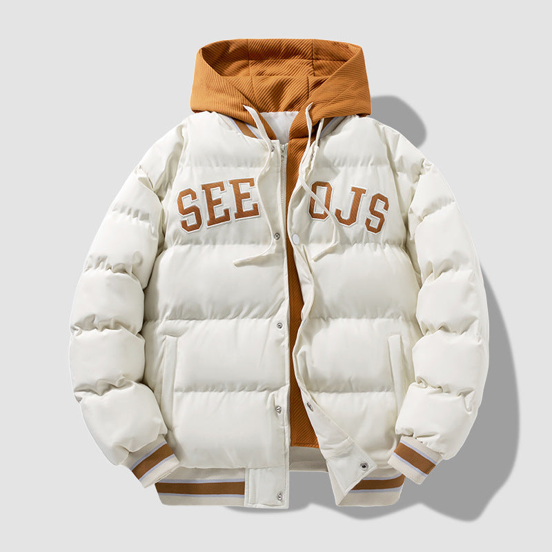 Fashion Letter Hooded Cotton Coat Winter Warm Solid Zipper Jacket For Men Teenagers Clothing by null