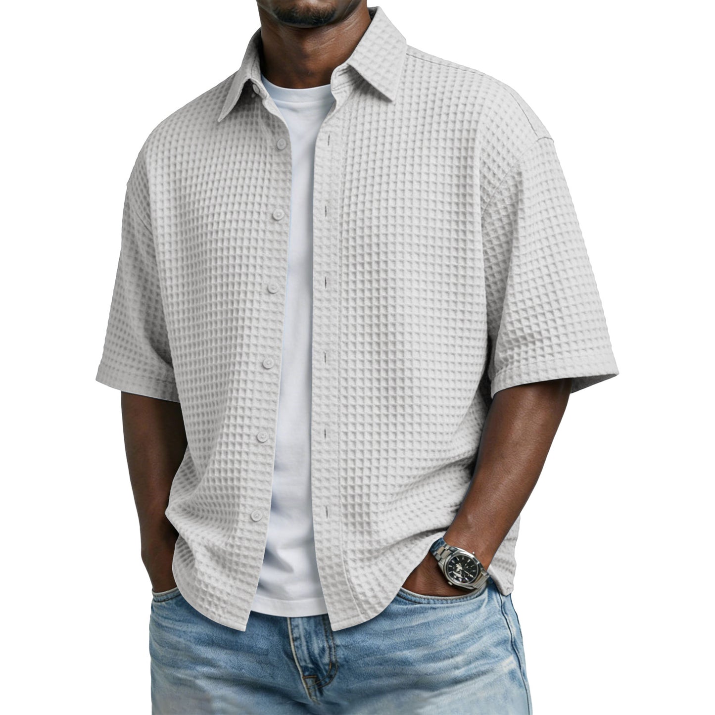 Men's Solid-Colored Waffle-Weave T-Shirt With Lapel Collar by null