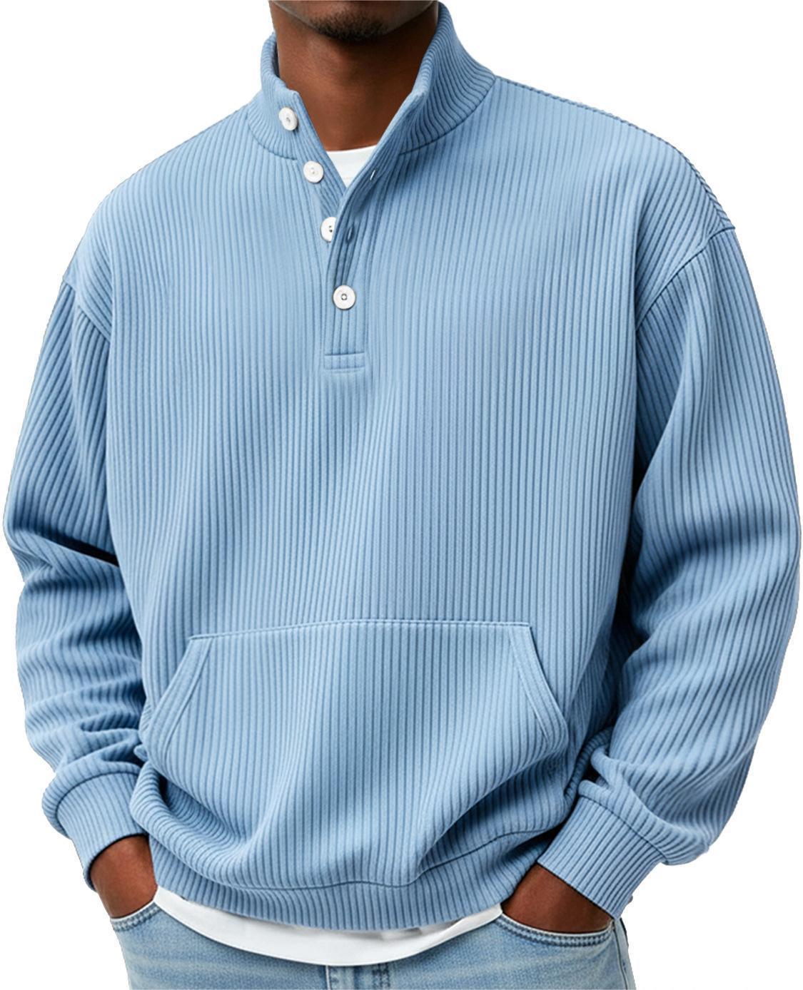 Mens Solid-Color Turtleneck Casual Long-Sleeve Polo Sweatshirt With Pockets For Men Spring Autumn Clothing Loose Button Polo Collar Tees Tops Man Outwear by null