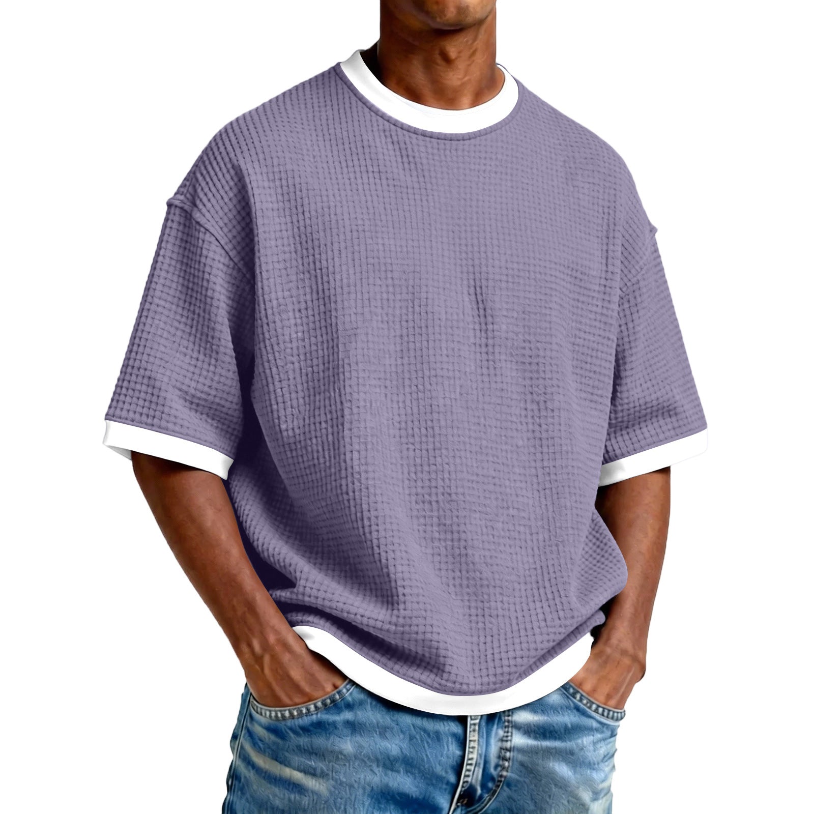 Men's Crew Neck Contrast Color Casual T-Shirt - Cotton Blend Lightweight Short Sleeve Top For Daily Wear by null