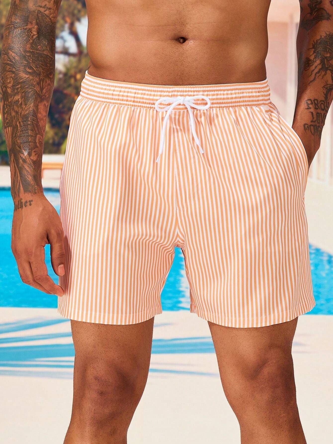 Men's 3D Striped Print Shorts Summer Casual Lightweight Beach Pants by null