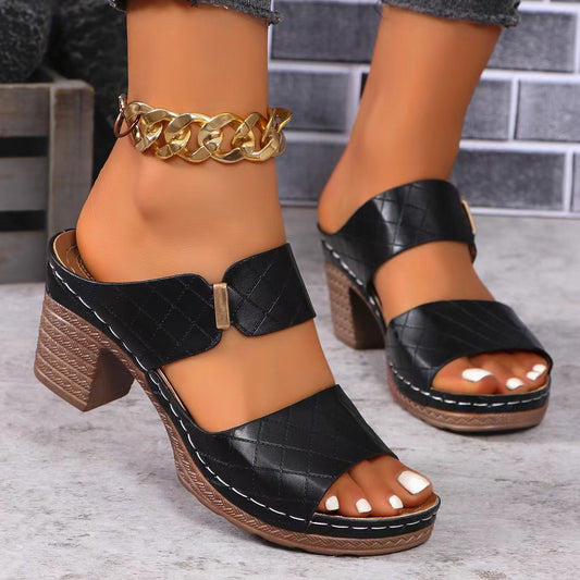 Womens chunky heel plaid slide sandals | DLC Market