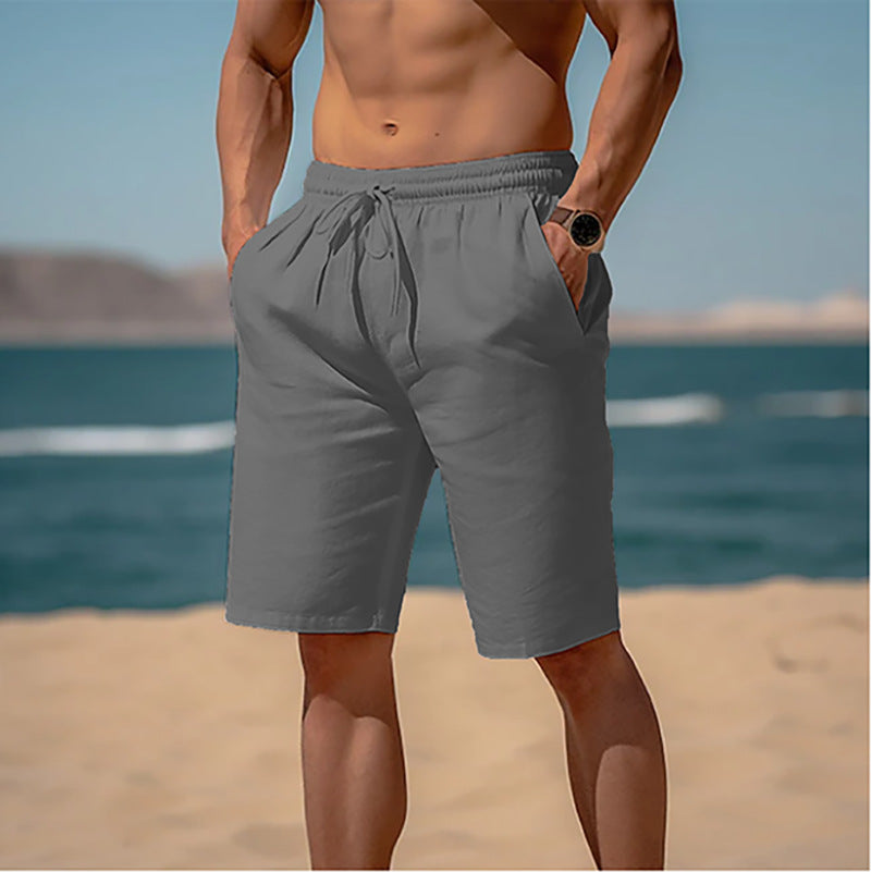 Summer Drawstring Shorts Elastic Waist Straight Pants Beach Breathable Shorts For Men Clothing by null