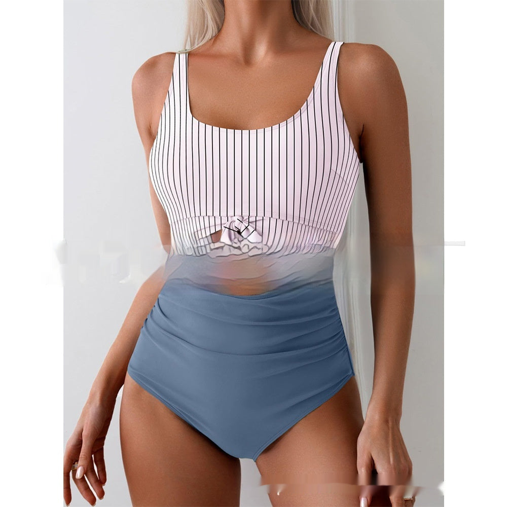 One-piece Female Stitching Contrast Color Strap Covered Belly Swimsuit by null