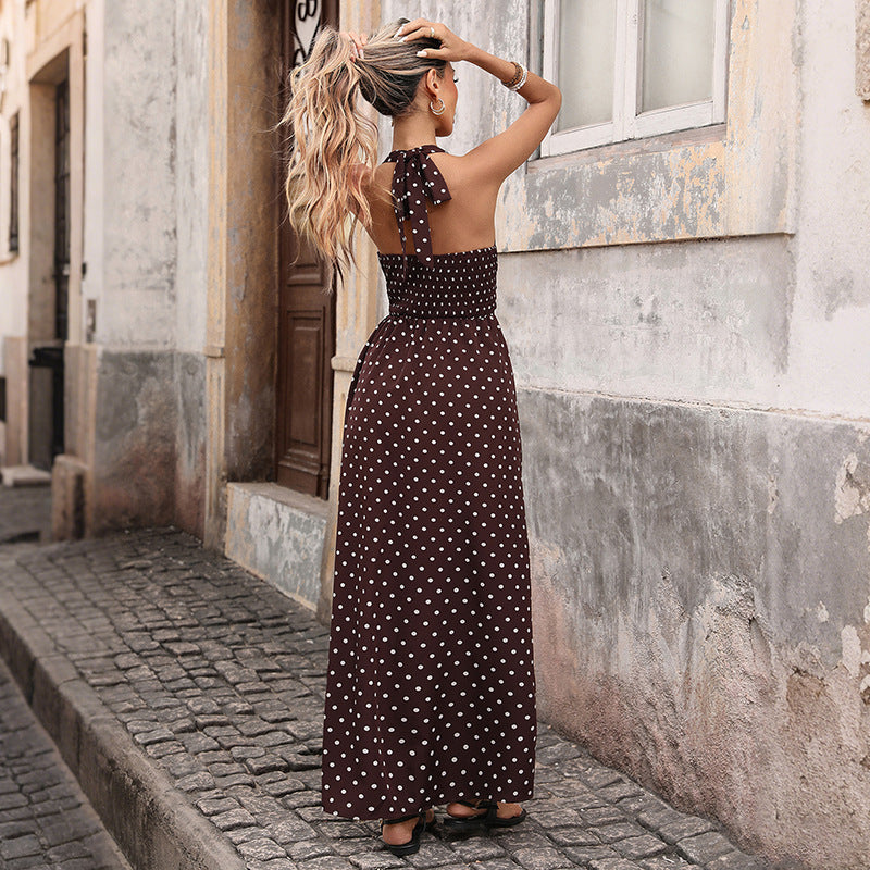 Casual Dot Pattern Slim V Neck Long Dress For Women 2026 Fashion Summer A Line Midi Dress Elegant Vintage by null