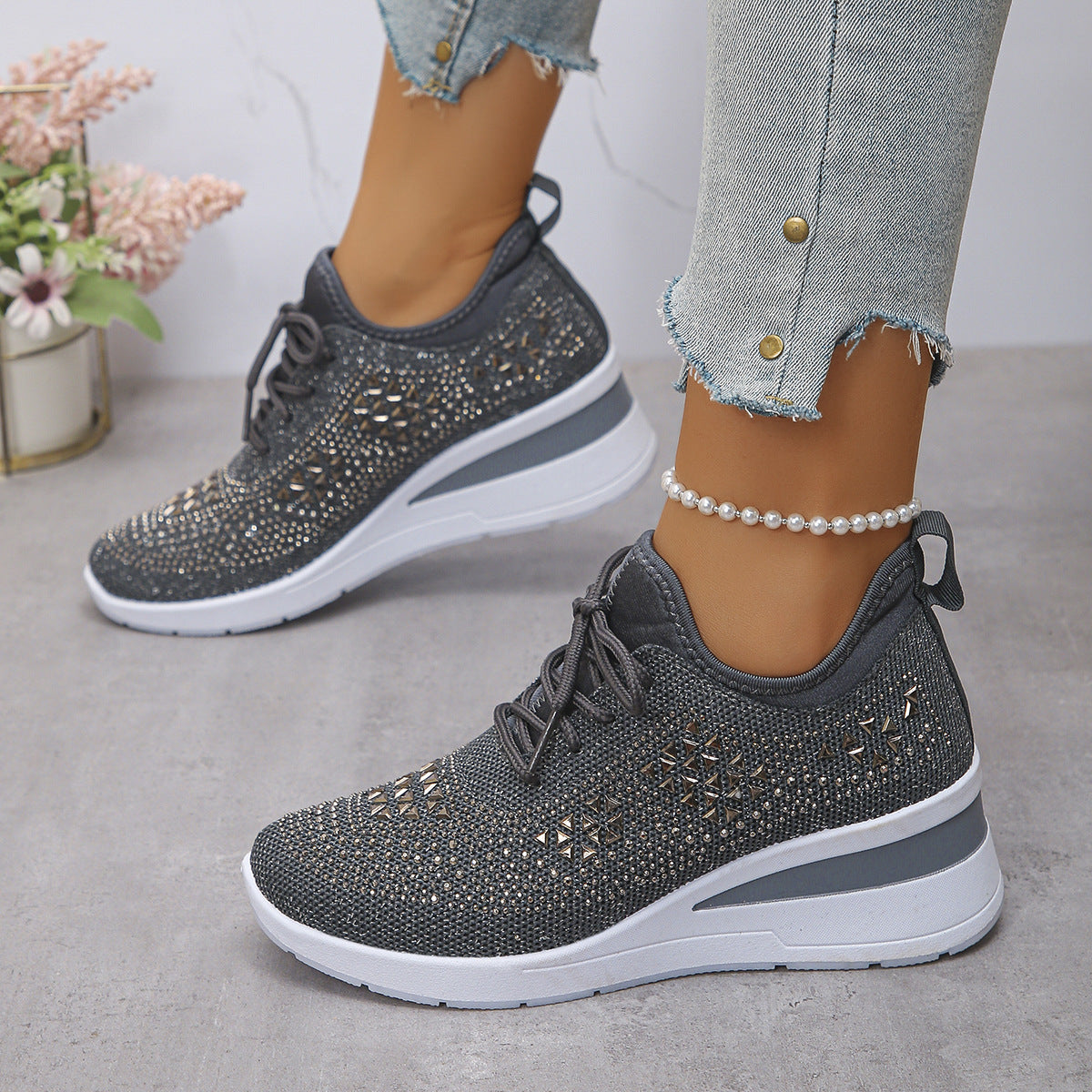Buy Ins Rhinestone Sneakers Fashion Lace Up Wedges Casual Shoes Women's Daily Commuting Sports Shoes online at DLC Market