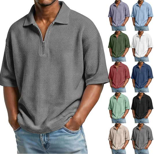 Men's Waffle-Weave Short-Sleeved Shirts Summer Solid Color Lapel Polo Shirt T-Shirt Beach Style Tops by null