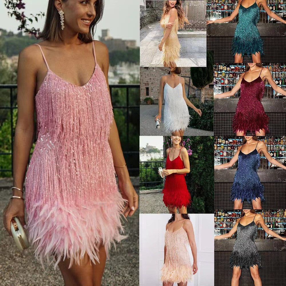 Sexy Tassel Sequins Feather Summer Mini Dress Women V Neck Spaghetti Strap Stitching Dresses Female Elegant Evening Party Club Dress by null