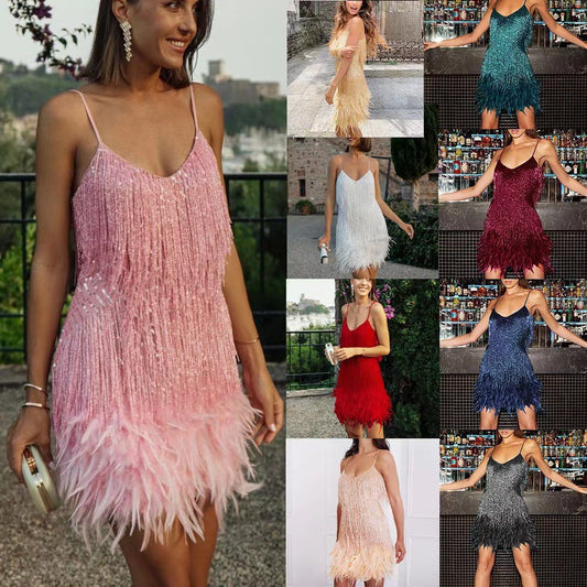 Sexy Tassel Sequins Feather Summer Mini Dress Women V Neck Spaghetti Strap Stitching Dresses Female Elegant Evening Party Club Dress by null