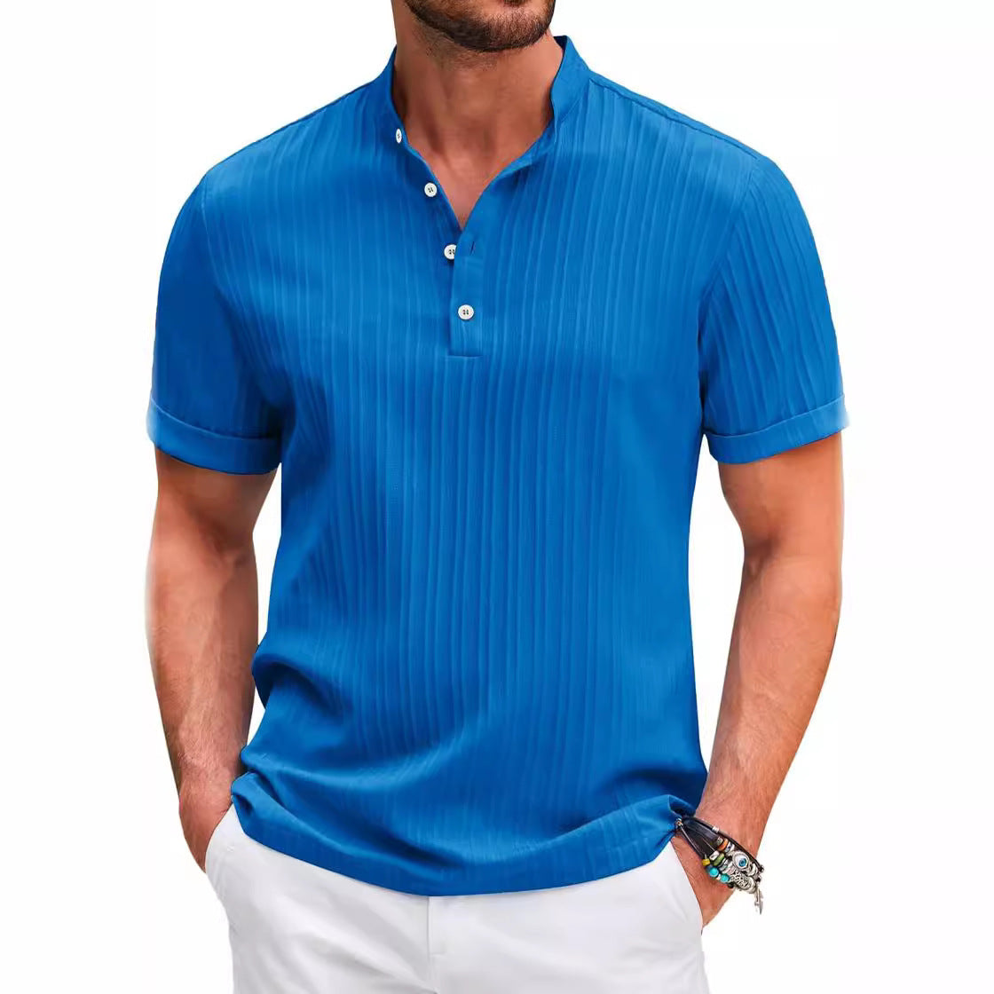 Summer Stand Collar Buttons Short Sleeve T-shirt Solid Color Stripe POLO Shirt Fashion Casual Beach Clothing For Men by null