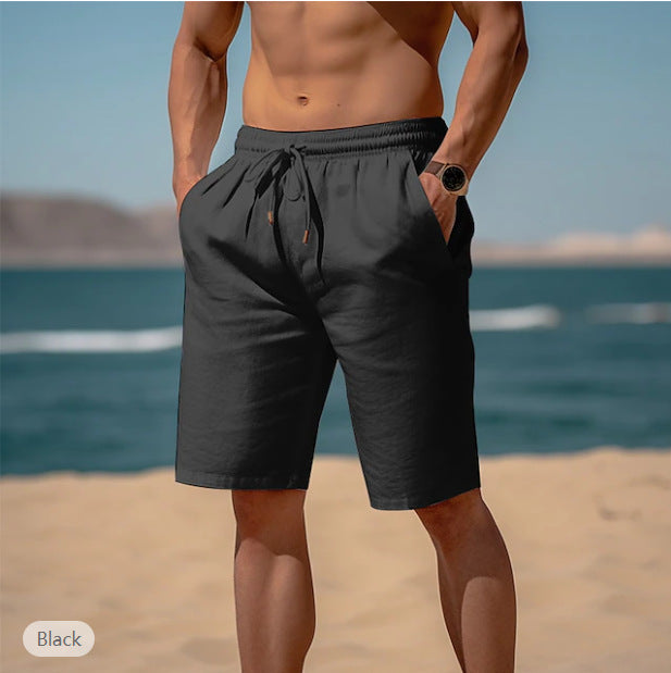 Summer Drawstring Shorts Elastic Waist Straight Pants Beach Breathable Shorts For Men Clothing by null