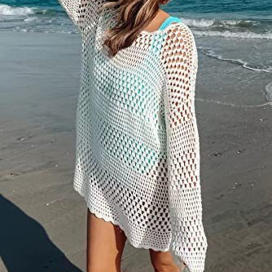 Buy Woven Round Neck Hollow Beach Cover-up Loose Casual Sweater online at DLC Market