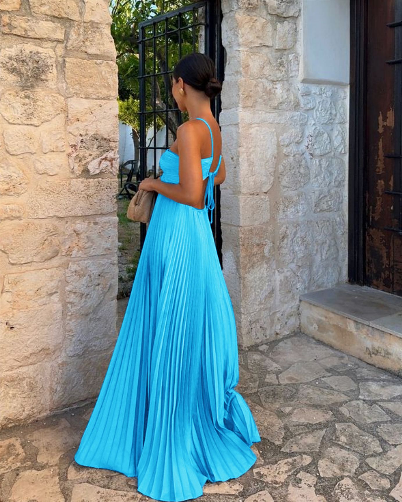 Ins Pleated Sleeveless Sling Dress Hollow High Waist Halter Robe Dresses For Evening Party Club Clothing Women by null