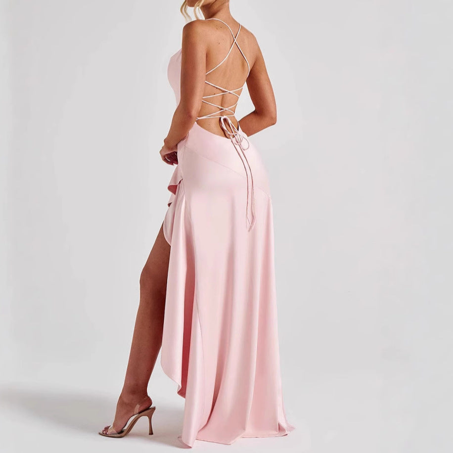 Women's Backless Ruffles Irregular Dress Summer Fashion Evening Party Club Split Suspender Maxi Dresses Clothing by null