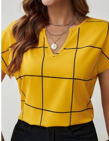 Buy Plaid Print Notched Neck Blouse, Casual Short Sleeve Blouse For Spring & Summer, Women's Clothing online at DLC Market