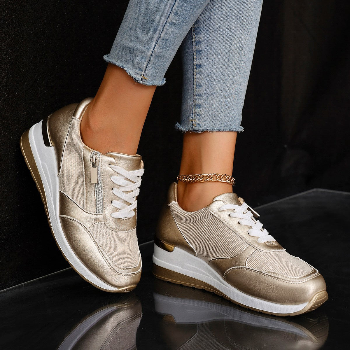 Buy Women's Lace-up Casual Shoes FFashion Side Zipper Design Thick-soled Shoes Walking Running Sports Sneakers online at DLC Market