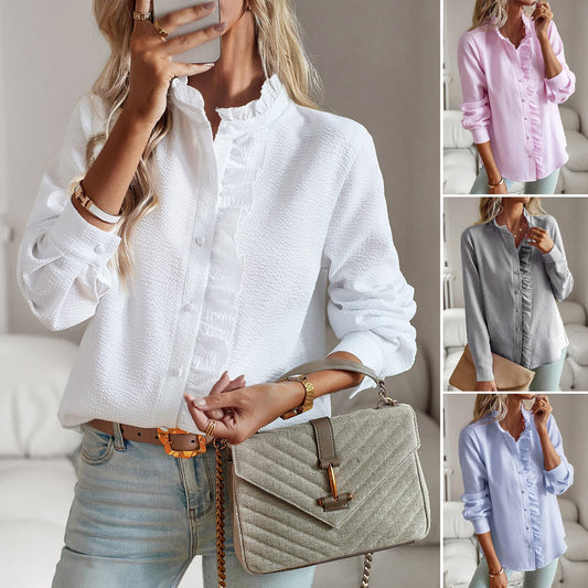 Striped Long Sleeve Shirt Fashion Ruffle Design Button Up Tops Casual Office Blouse Elegant Commuting Women's Clothing by null