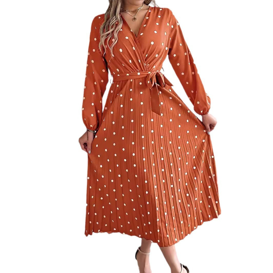 Buy Spring Summer Elegant Long Dress Cross V-Neck Contrast Polka Dot Long Sleeve Pleated Bridesmaid Dresses online at DLC Market