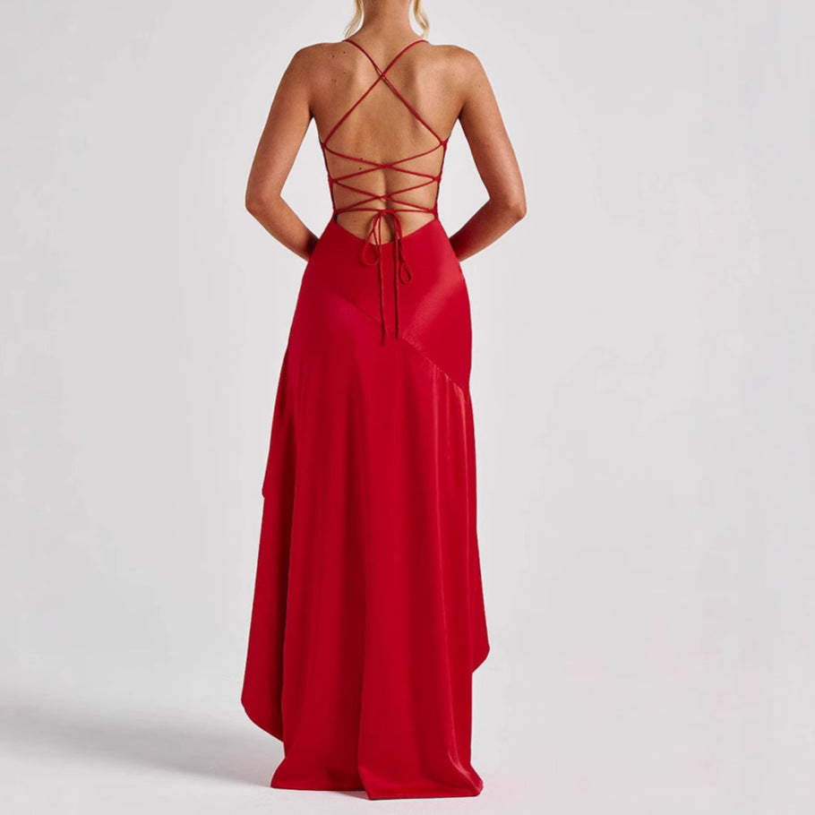 Women's Backless Ruffles Irregular Dress Summer Fashion Evening Party Club Split Suspender Maxi Dresses Clothing by null