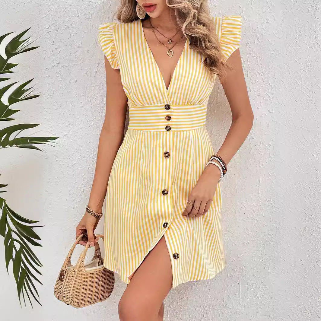 Buy Summer V-neck Single-breasted Fly-sleeve Women's Shirt Dresses With Elegant Splicing Stripe Printing Beach Style Dress online at DLC Market
