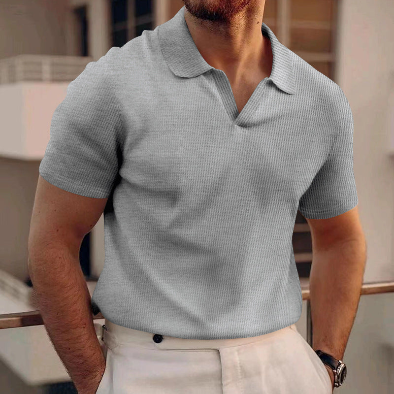 INS Waffle Lapel Short-sleeved T-shirt Summer Fashion Solid Color V-neck Polo Shirt Tops Men's Clothing by null