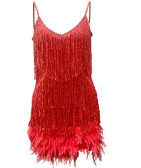 Sexy Tassel Sequins Feather Summer Mini Dress Women V Neck Spaghetti Strap Stitching Dresses Female Elegant Evening Party Club Dress by null