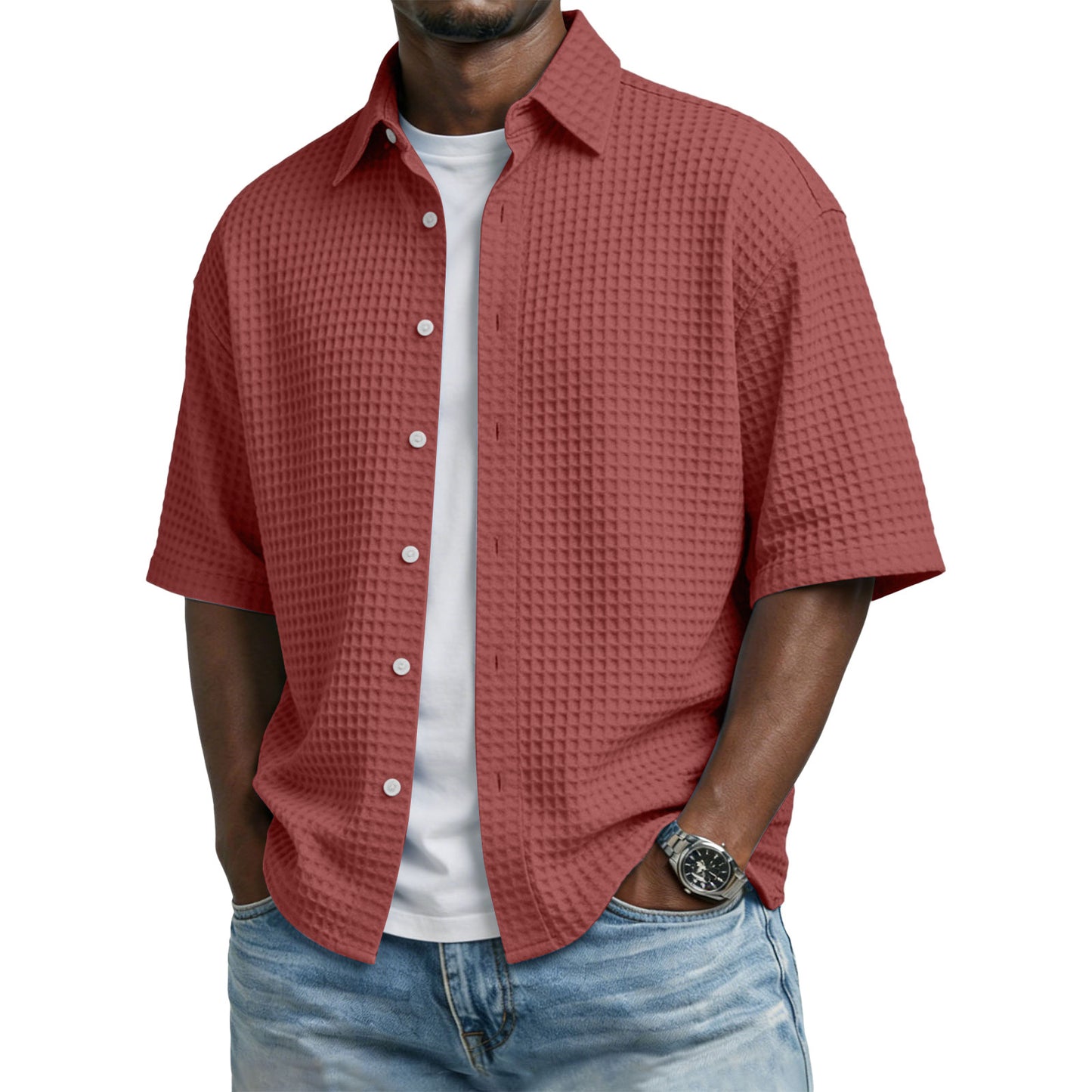 Men's Solid-Colored Waffle-Weave T-Shirt With Lapel Collar by null