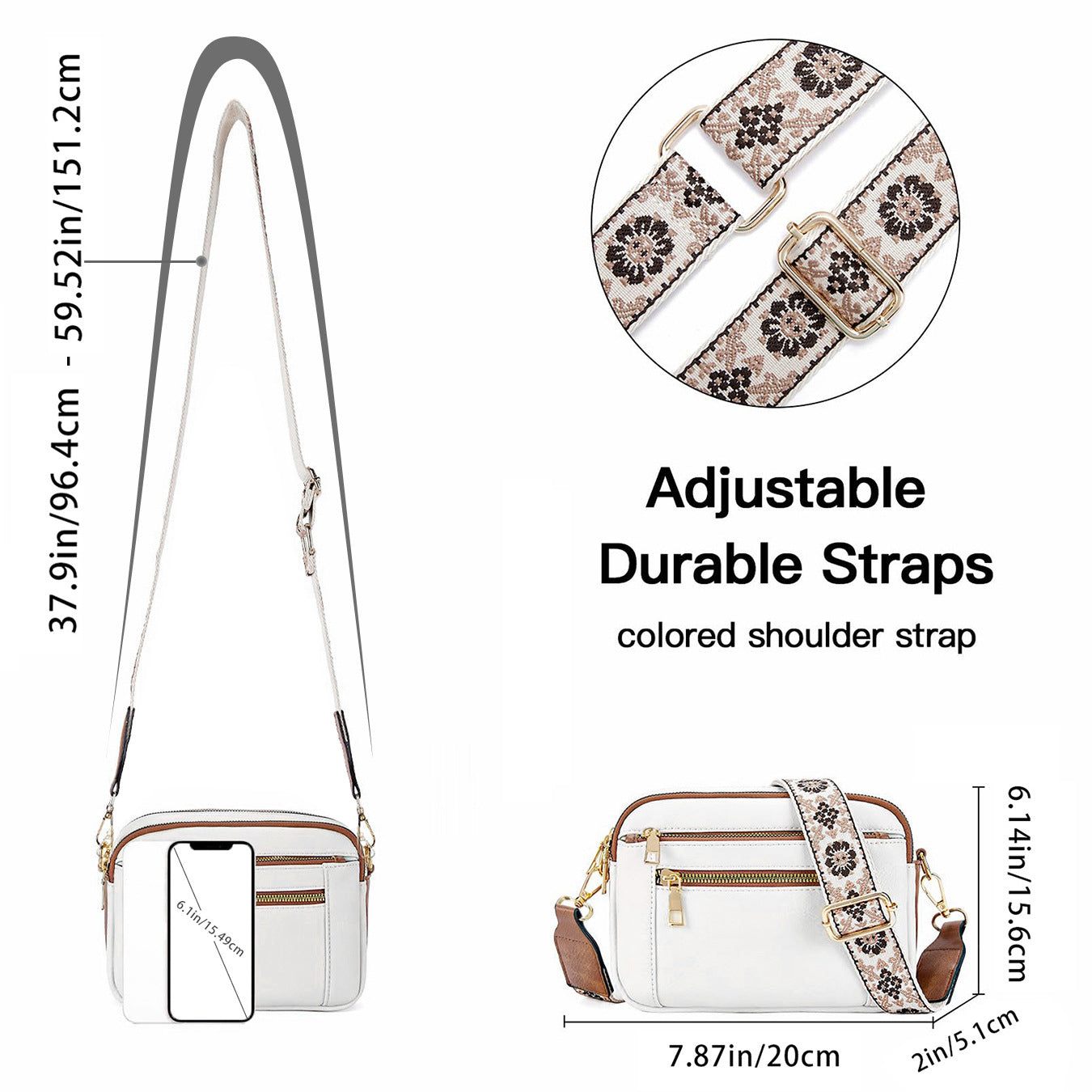 Buy Triple-zipper Shoulder Bag With Floral Embroidered Straps Fashion Colorblock Multi-functional Crossbody Bags For Women online at DLC Market