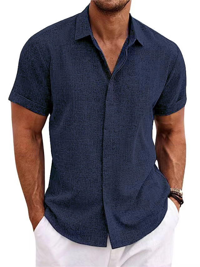 Men's Solid Color Loose Linen Short-sleeved T-shirt by null