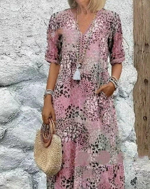 Summer V-neck Half-sleeved Dress With Pockets Fashion Ethnic Print Dresses Beach Holiday Clothing For Women by null
